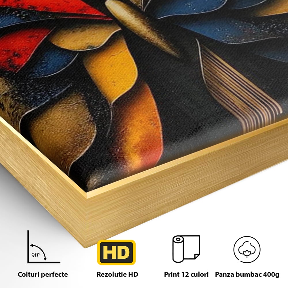 Detaliu al suprafetei: tablou canvas cu fluture abstract, in rama de aluminiu auriu